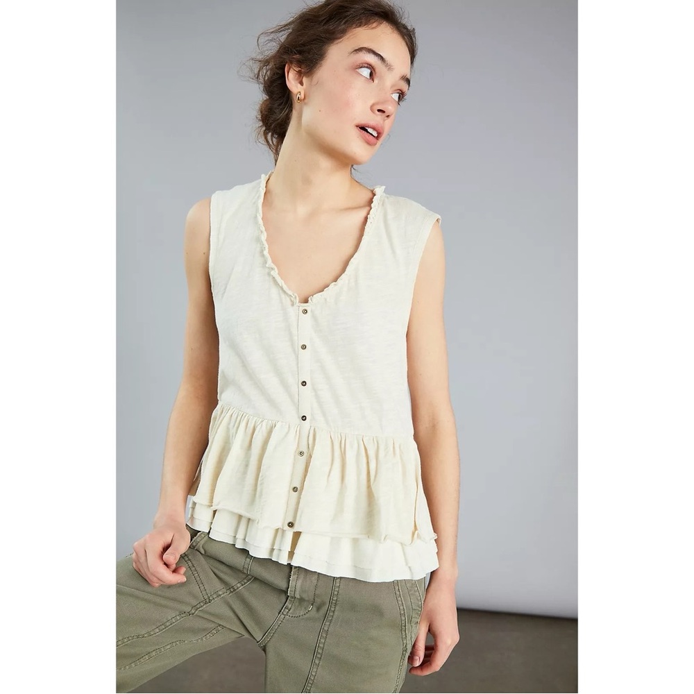 Anthropologie Pilcro Chrissy Babydoll Sleeveless‎ Peplum Top in Cream White